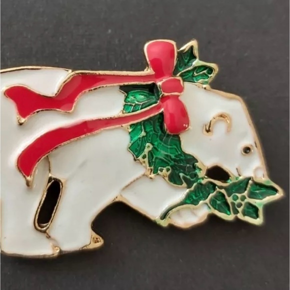 Polar Bear Cute White, Red, & Green Enamel Christmas Brooch Pin - Picture 2 of 4